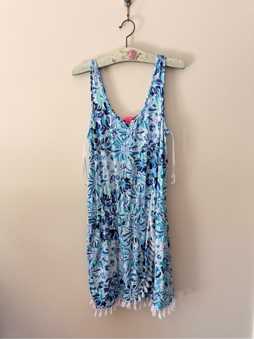 Lilly Pulitzer Jarrett romper tassel wrap blue floral Sz L
